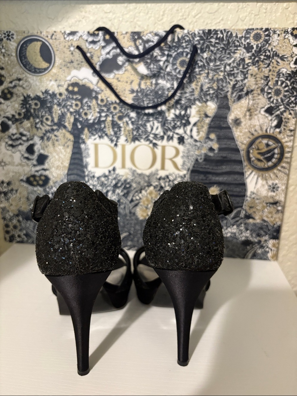 Stuart Weitzman Black Glitter Slingback Peep-Toe Platform Heels - Picture 2 of 2